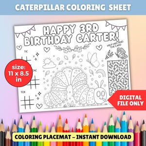 Editable Hungry Caterpillar Coloring Page PDF Caterpillar Birthday Coloring Placemat Kids Busy Activity Sheet Custom Party Favor Printable