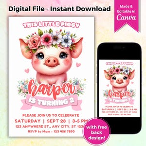 Editable Little Pig Birthday Invitation Template This Little Piggy Party Printable Farm Girl Birthday Floral Crown Invite Instant Download