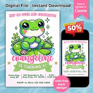 Faire-part d'anniversaire grenouille amphibiens verts modifiables Invitation de fête d'anniversaire grenouille Grenouille fête d'anniversaire fille imprimable inviter modèle de toile