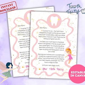 Bearbeitbarer Zahnfee BUCHSTABE A4 Druckvorlage Magische Zahnfee Karte Personalisierte Zahnfee Buchstabe DIY Notiz für Kinder Canva Template