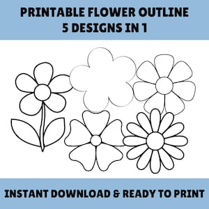 Modèle de fleur imprimable PDF 5 Coloriage de fleurs Artisanat de printemps fleur pochoir Lineart travaux manuels pour enfants téléchargement numérique modèle enseignant