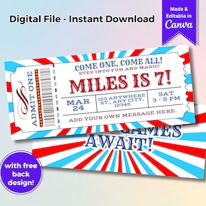 Editable Carnival Birthday Invitation Carnival Ticket Party Invitation Canva Template Circus Birthday Invite Tickets Birthday Party Digital