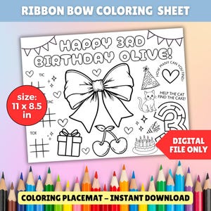 Pode incluir: Uma folha de colorir em preto e branco com o texto "RIBBON BOW COLORING SHEET" no topo. A folha diz "HAPPY 3RD BIRTHDAY OLIVE!" e inclui um laço grande, um presente, cerejas, um bolo e um labirinto. A folha mede 27,9 x 21,6 cm.