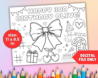 Ribbon Bow Birthday Coloring Page Printable PDF Coquette theme Party Favor Kids Activity Sheet Personalized  Girly Bow Party Custom Placemat