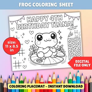 Editable Baby Frog Coloring Page PDF Cute Amphibian Birthday Coloring Placemat Kids Busy Activity Sheet Custom Place Settings Party Favor