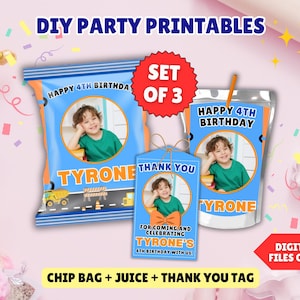 Editable Construction Birthday TRIO Party Bundle with Picture Chip Bag Juice Label Photo Water Bottle Label Printable Template Digital File