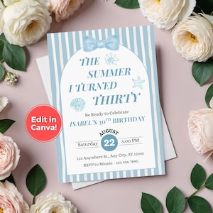 Coastal 30th Birthday Invite, Editable The Summer I Turned Thirty Invitation Minimal Beach Party invite Ocean Blue Navy Theme Canva Template