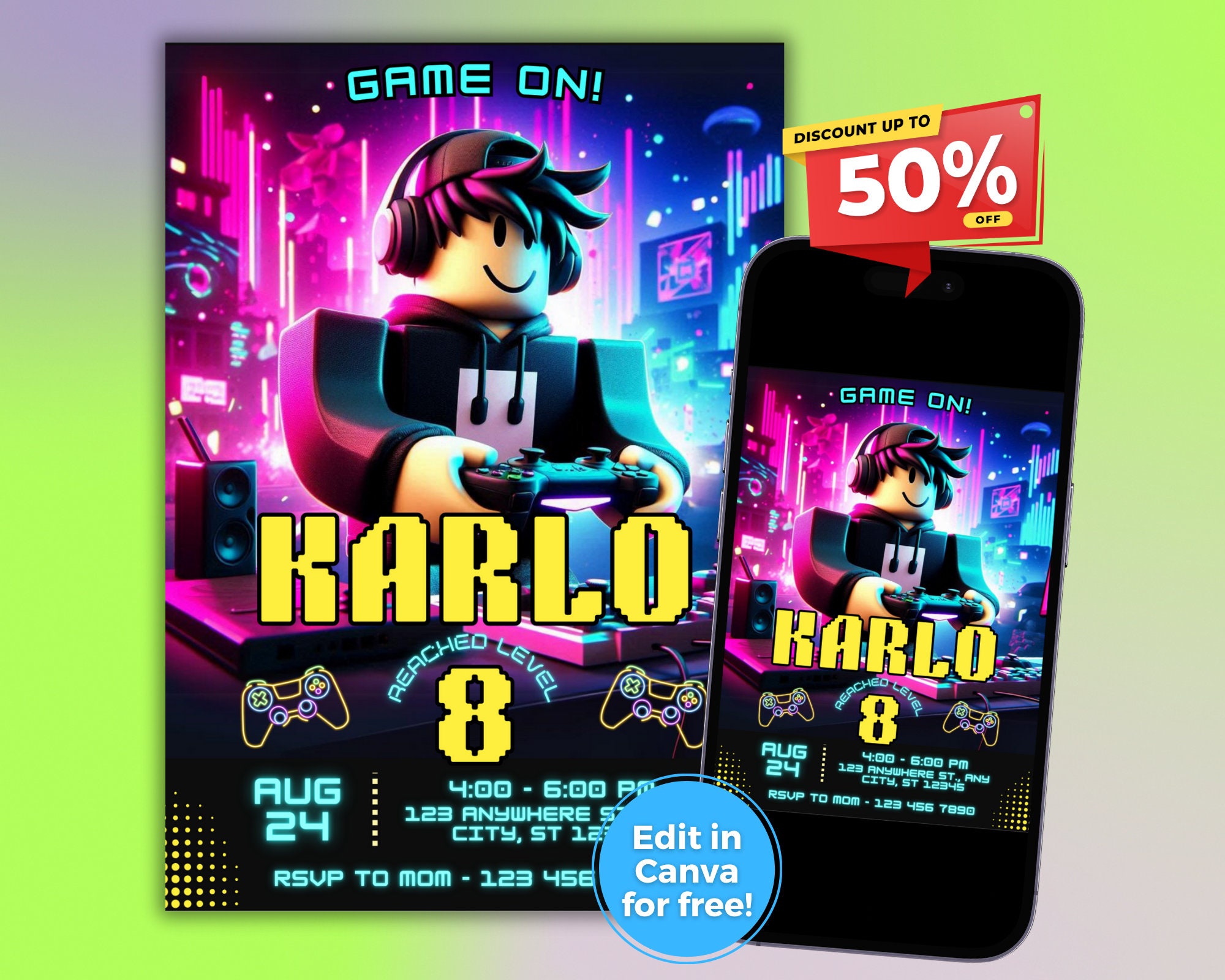 Roblox Boy Birthday Invitation Printable Roblox Gamer Birthday Party ...