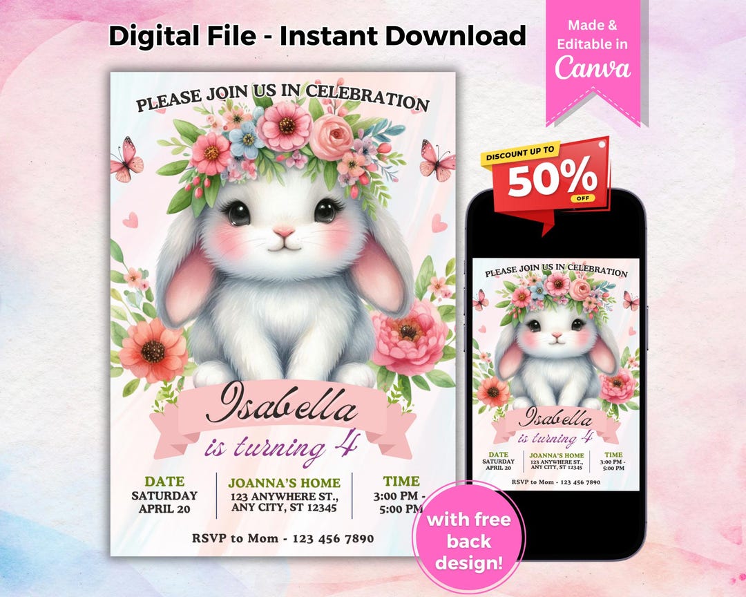 Editable Floral Little Bunny Birthday Invitation Printable Pastel ...