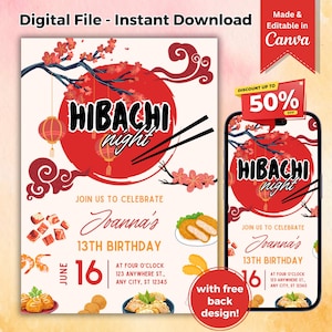 Editable Hibachi Invitation Template Japanese Restaurant Dinner Birthday Party Japanese Themed Invite Asian Cherry Blossoms Hibachi Evite