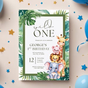 Safari Boy Birthday Invitation Jungle Animals Birthday Invite He&#39;s A Wild One Birthday Invitation 1st Birthday Invitation Editable Template