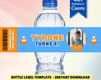 May include: A water bottle with a blue cap and a label that says "TYRONE TURNS 4!" with a photo of a child. The label also includes orange traffic cones and the text "THANK YOU FOR COMING!" and "Made & Editable in Canva."