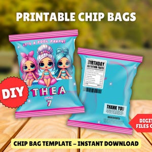 Benutzerdefinierte kleine Puppe Chip Tasche Druckbare Vorlage DIY personalisierte Pool-Party Kartoffel-Chip-Tasche Modepuppe Überraschung Geburtstag Sofort Download