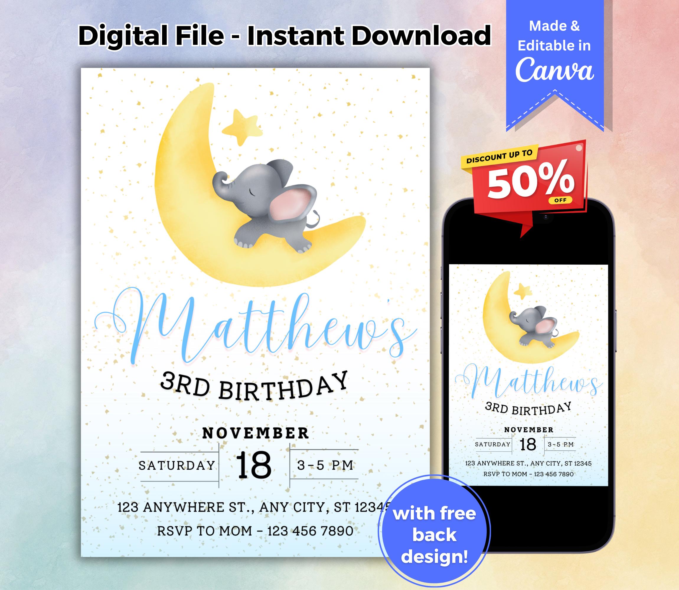 Customizable Elephant Birthday Invitation Canva Template Minimalist Baby Boy Evite Elephant Theme 3rd Birthday Party Invite Instant Download