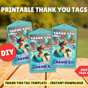 May include: Three rectangular teal thank you tags featuring a cartoon character in a pool float with a party hat. The text reads THANK YOU FOR COMING AND CELEBRATING DAVID'S 6TH BIRTHDAY WITH US! Each tag has a brown twine bow at the top.