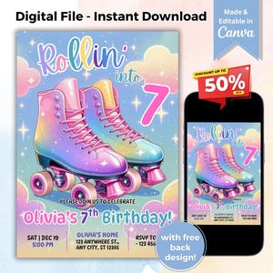 Editable Roller Skating 7th Birthday Party Invitation Rollin&#39; Into Seven Rainbow Glitter Skating Party Roller Rink Disco Instant Download