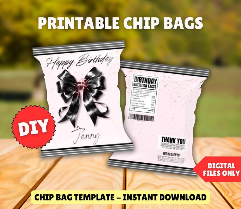 Editable Black Bow Chip Bag Wrapper Labels, Coquette Black Ribbon Treat ...