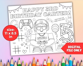 Editable Blocks Coloring Page Gamer Boy Birthday Coloring Placemat Fun Activity Sheet for Kids Roblox Theme Party Printable Placemat Favor