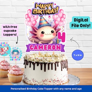 Editable Axolotl Cake Topper Girl Birthday Customizable Pink Axolotl Girl Cake Topper Personalized Printable Cake Decoration Template PNG