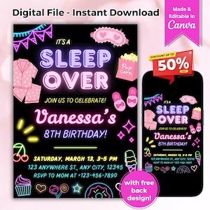 Editable Sleepover Birthday Invitation Template Slumber Party Teen Birthday Invite Pajama Party Neon Sleepover Invitation Canva Download
