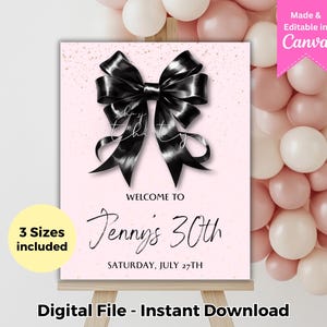 Editable Black Bow Birthday Welcome Sign Template Coquette Decor Black Ribbon Girl 30th Birthday Banner Printable Coquette Party Sign