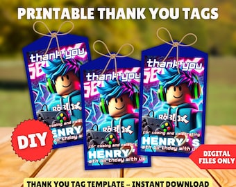 May include: Printable thank you tags featuring a Roblox character with a blue and purple background. The text "thank you" is printed on each tag. The tags are designed for a birthday party.