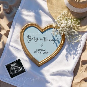 Editable Mirror Pregnancy Announcement Digital Beach Theme Social Media Template Neutral Baby Reveal Expecting Parents Instant Download