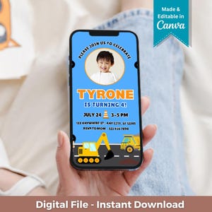 Puede incluir: Un teléfono inteligente muestra una invitación de cumpleaños con un fondo azul y el nombre "TYRONE" en naranja. La invitación incluye una foto de un niño, la fecha, la hora y la información de RSVP. El diseño presenta vehículos de construcción y el texto "Digital File - Instant Download."