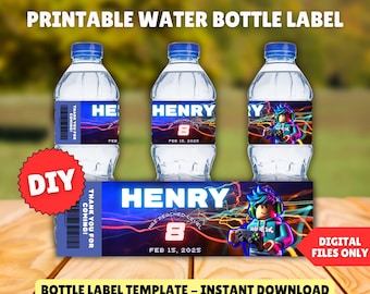 Blox Boy Water Bottle Label Printable & Editable Template, Personalized Wrapper Blue Neon Roblox Boy Birthday - Instant Download