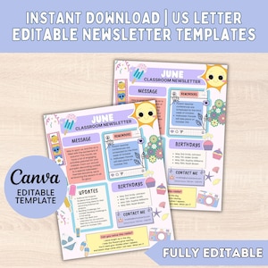 Plantilla editable de boletín informativo de junio, plantilla mensual para docentes, boletín escolar mensual de verano, decoración para aulas de preescolar, imprimible para docentes.