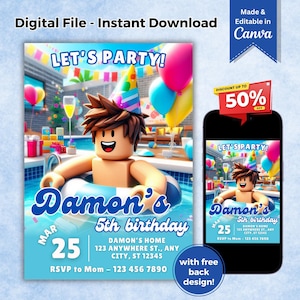 May include: A digital invitation for a 5th birthday party featuring a cartoon character in a swimming pool. The invitation is blue and white with the text "Let's Party!" and "Damon's 5th birthday".