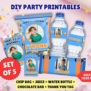 May include: A set of five DIY party printables, including chip bags, juice labels, water bottle labels, chocolate bar wrappers, and thank you tags. The designs feature a child's photo, the name "Tyrone", and the text "Happy 4th Birthday". The color scheme is blue, orange, and white.