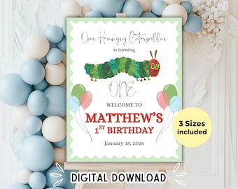 Hungry Caterpillar Birthday Sign Editable Template, Caterpillar Theme Party Welcome Banner, Printable Baby Animal Poster Decor