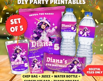 Paquete para fiesta de cumpleaños de Aphmau: bolsas imprimibles para papas fritas, etiquetas para botellas de jugo y agua, etiquetas de agradecimiento, envoltorios de chocolate y archivos digitales personalizables.