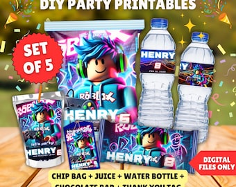 Bolsas de patatas fritas Blox Boy, etiquetas para zumos, etiquetas para botellas de agua, etiquetas de agradecimiento de cumpleaños, envoltorios de chocolate, archivos digitales para fiestas gamers con personalización gratuita.