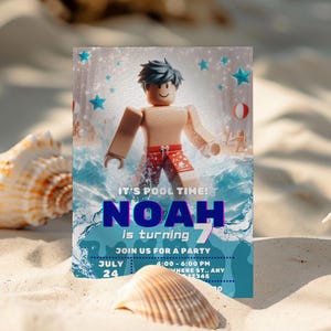 May include: A rectangular party invitation card featuring a block-style character in red swim trunks standing in blue water. The text reads IT'S POOL TIME! NOAH is turning 7. JOIN US FOR A PARTY, JULY 24, 4:00 - 6:00 PM, ANYWHERE ST., ANY CITY 12345.