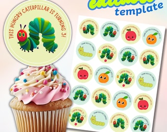 6 Caterpillar Themed Cupcake Toppers Printable, Very Hungry Caterpillar Favor Labels, Birthday Party Cake Decor, Instant Digital Download