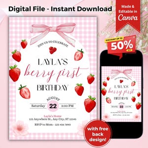 Editable Pink Bow Berry First Birthday Invitation Template Girl Strawberry First Birthday Invite Pink Ribbon Birthday Berry Theme Party