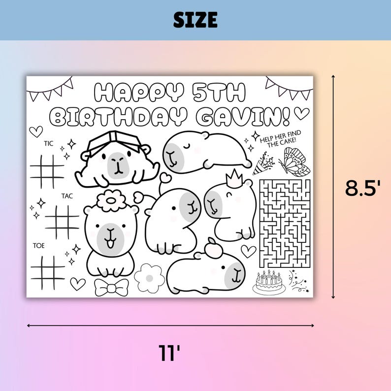 Capybara Coloring Page PDF, Cute Animal Birthday Placemat, Kids Safari ...