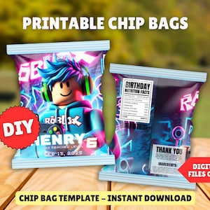 Gamer Potato Chip Bag Edytowalny szablon Dostosowywalny DIY Cyfrowa torba na chipsy Roblox Boy Urodziny Wydrukuj Torby na prezenty Natychmiastowe pobranie