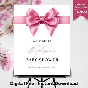 Pink Bow Welcome Sign Editable Template Pink Ribbon Baby Shower Welcome Sign Printable Pink Bow Baby Girl Shower Sign Baby Shower Poster