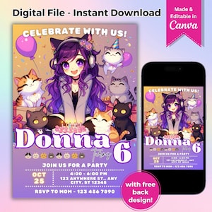 May include: Purple and pink birthday invitation featuring a cartoon girl with purple hair and cat ears surrounded by cats. The text reads "Celebrate with us! Donna turns 6. Join us for a party Oct 25, 4:00-6:00 PM, 123 Anywhere St., Any City, ST 12345. RSVP to Mom - 123 456 7890. With free back design!"