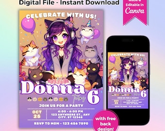 Cat Girl Aphmau Birthday Invitation Printable Kids Invitation Canva Editable Purple Mine crafter Birthday Invitation Digital Download