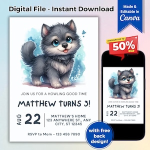 Forest Wolf Howling Birthday Invitation Template Direwolf Theme Invitation Wild Animal Birthday Party Card Remus Remulus Instant Download