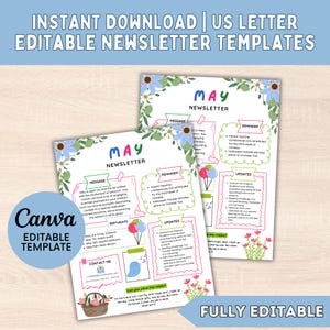 Plantilla editable para el boletín de primavera de mayo, plantilla mensual para maestros, boletín floral escolar mensual imprimible, decoración del aula en PDF