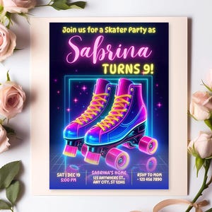 Convite de aniversário retrô neon para patinação, modelo editável, convite para menina patinadora, luzes brilhantes, festa de aniversário de patinação, download