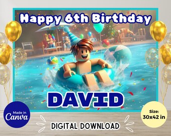 Plantilla editable de pancarta de cumpleaños de Blox Boy Pool, decoraciones para fiesta de gamer de Roblox, fondo de cumpleaños, decoración para fiesta temática de videojuegos