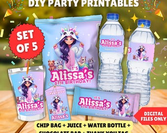 Paquete personalizable para fiesta de cumpleaños de Aphmau, bolsas de papas fritas, etiqueta de jugo, etiqueta de botella de agua, etiqueta de agradecimiento de cumpleaños, envoltorio de chocolate, archivos digitales
