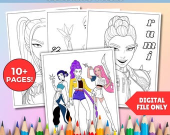 Kolorowanka KPop Demon Hunters do druku w formacie PDF, kolorowanka dla dzieci, karta aktywności, dekoracja na imprezę, natychmiastowe pobranie