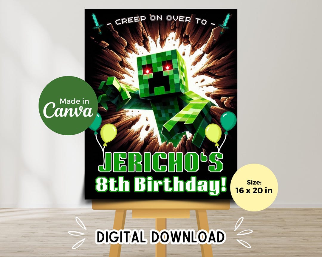 Editable Minecraft Creeper Birthday Welcome Sign Template Printable